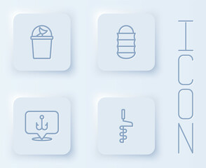 Set line Fishing bucket with fish, net, hook and Hand ice drill. White square button. Vector