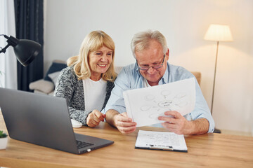 Using laptop. Senior man and woman is together at home