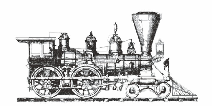 Vintage Locomotive. Retro train. Doodle sketch. Vector illustration. Isolated on white background.