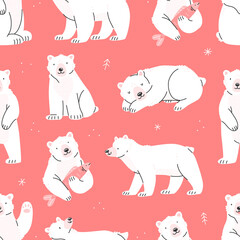 Fototapeta premium Seamless pattern with polar bears. Cute pink pattern with bears in cartoon style. Illustration background.