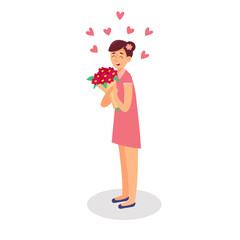 Cute girl holding a bouquet of flowers. Design for the holiday of spring, anniversary, birthday, st.valentine.