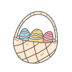 A basket with decorated Easter eggs in doodle style. Isolated Easter illustration.