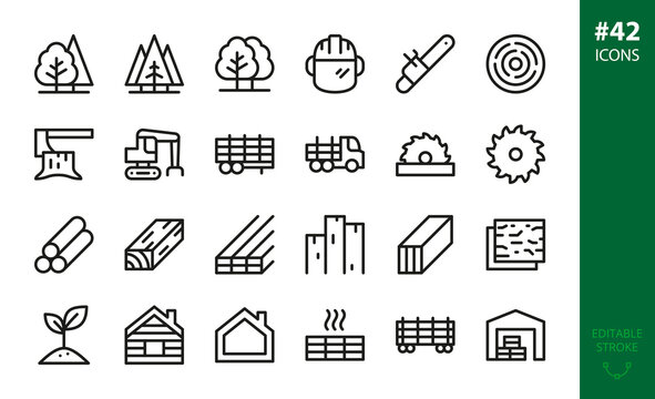 Forest Industry and Forestry isolated icons set. Set of wooden planks warehouse, chainsaw, forestry helmet, log loader, logging truck, timber trailer, sawmill, lvl, glued beam, wood drying vector icon