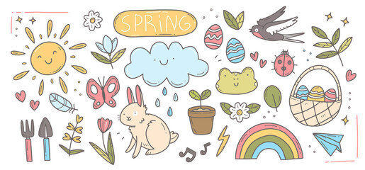 Spring doodle set. Cute set of spring cliparts, easter elements. Isolated illustration.