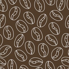 Seamless doodle pattern with coffee beans on a brown background. Doodle illustration background.