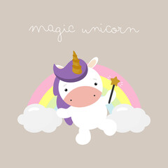 Obraz na płótnie Canvas Magic Cute Unicorn with magic wand. Vector illustration Cartoon. For kids stuff, card, posters, children books, printing on the pack, printing on clothes, fabric, wallpaper, textile or dishes.