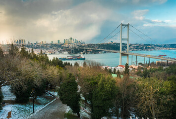 Fototapeta premium Bosporus bridge sunset view in Istanbul cloudy day