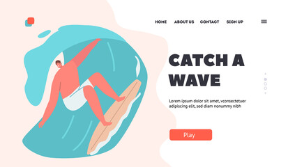 Surfing Sport Landing Page Template. Young Man Surfer in Swim Wear Riding Wave on Board. Character Summertime Activity