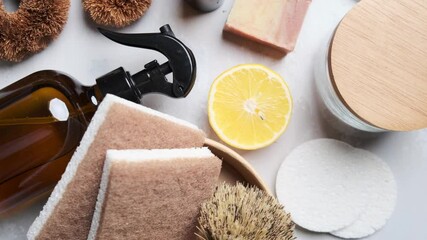 Eco home cleaning accessories. Natural brushes, sponges and organic cleaning products on white background. Zero waste concept. - Powered by Adobe