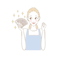 お札を持って喜ぶ主婦