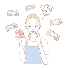 預金通帳を見ながら悩む主婦