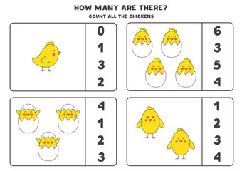 Counting game with Easter chickens. Educational worksheet.