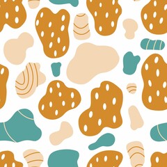 Seamless abstract pattern in boho style with different shapes in a limited palette. Illustration background with abstract shapes, stripes, dots.