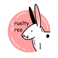 Cruelty free pink vegan icon with cute bunny in doodle style. Cruelty-free sticker. Not tested on animals. Isolated illustration.