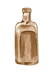 Watercolor empty, brown glass bottle or jar. Hand-drawn boho illustration. Empty vintage vase.
