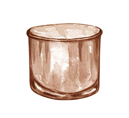 Watercolor empty, brown glass bottle or jar. Hand-drawn boho illustration. Empty vintage vase.