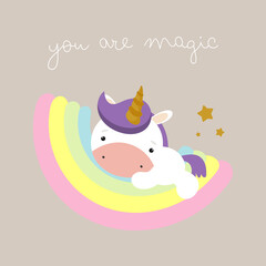 Obraz na płótnie Canvas Magic Cute Unicorn on the rainbow. Vector illustration Cartoon. For kids stuff, card, posters, banners, children books, printing on the pack, printing on clothes, fabric, wallpaper, textile or dishes.