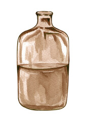 Watercolor empty, brown glass bottle or jar. Hand-drawn boho illustration. Empty vintage vase.