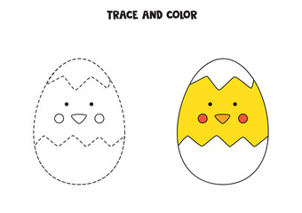 Trace and color cute baby chicken from egg. Worksheet for children.