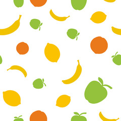 Seamless background or pattern of apples, bananas, orange and lemons. Print for clothes. Packaging templates