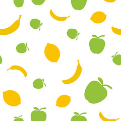 Seamless background or pattern of apples, bananas and lemons. Print for clothes. Packaging templates