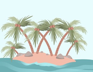 Fototapeta na wymiar Summer landscape illustration of palm trees with coconuts on the island. 