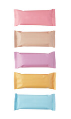 Chocolate bars in different pastel colors wrappers isolated. Mock-up.
