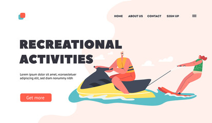 Recreational Activities Landing Page Template. Water Ski Extreme Sports. Happy Woman Riding Skis at Ocean Waves