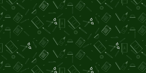 School supplies template on dark green background. background with numbers