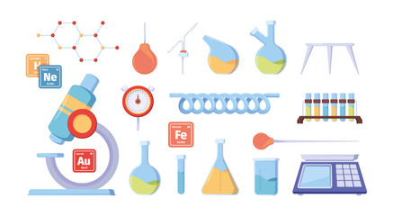 Scientist equipment. Chemical laboratory equipment medical exploration workplace items garish vector flat pictures collection