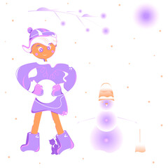 A vector girl playing outdoors on winter day. A smiling kid with a cat and snowman. A happy child dressed in winter clothes and holding a big snowball in hands. She has just made a snowman