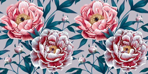 Beautiful peonies, buds, leaves. Floral seamless pattern. Multicolored botanical background. Wallpaper with lush spring flowers. Hand drawn realistic drawing 3d illustration for fabrics, clothes