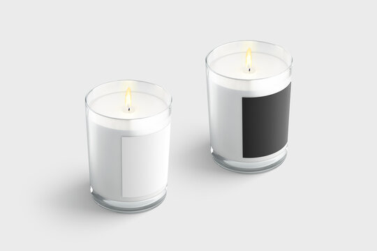 Blank candle in glass jar with black, white label mockup
