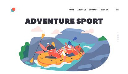 Rafting Adventure Sport Landing Page Template. Sportsmen Rowing in Rubber Boat Down the Rocky Mountain River