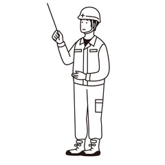 作業着を着た男性のシンプルなイラスト　指示棒を持つ男性