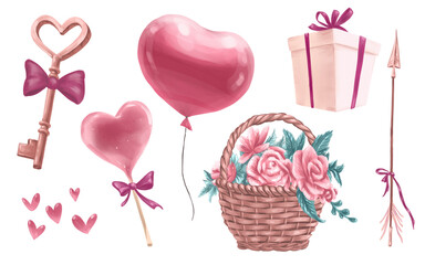 Valentines lovely set with key, floral basket, sweet heart candy, gift box, cupid arrow isolated. Watercolor holiday hand drawn illustration. For Valentine day card, invitation, print, package design.
