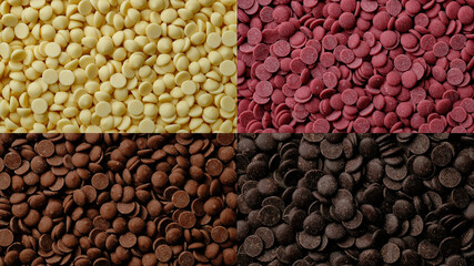 Different types of chocolate. White, ruby, milk, dark chocolate chips