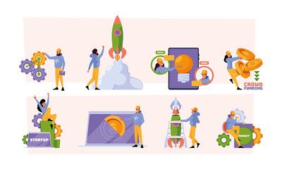 Startup characters. Successful business ideas best dreamers investment business project managers and developers building corporate startup garish vector concept