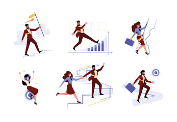Fototapeta na wymiar Business goals. Successful managers team and bosses moving to goals diversity targets job active journey garish vector business concept characters