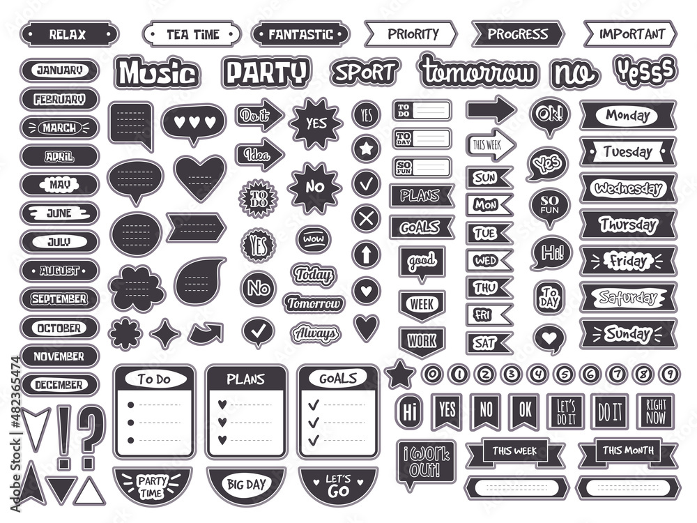 Poster daily notes. black templates of diary sticky symbols for business notebook planners checklists recen