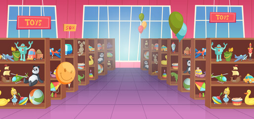 Toys for kids. Shelves in game store interior different toys for happy kids dinosaurs robots bricks transport and soft animals exact vector colored background in cartoon style