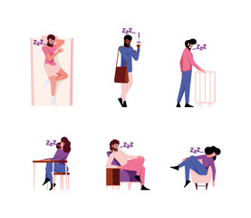 Sleeping people. Tired persons in transport sleeping gestures lazy characters on pillow in various poses garish vector flat colored pictures
