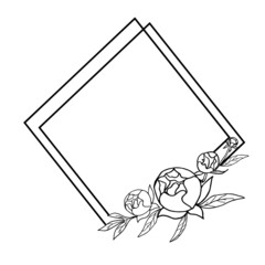 Frame with peony flowers. Floral botanical garland of foliage and flowers. Illustration. Vector design.