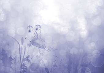Meadow wild flowers, herbs, grasses horizontal purple background with butterfly
