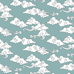 Vector celestial seamless pattern with oriental clouds. Pastel hand drawn cozy textile or magic wrapping design