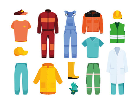 Industrial workwear. Jackets pants helmets professional clothes suit for workers couriers builders doctors uniform garish vector fashioned collection