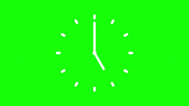 Animation of a clock with rotating time pointers. Watch shows the running time. Counting 24 Hours. Clock with moving arrows. Motion graphics on green screen and chroma key background.