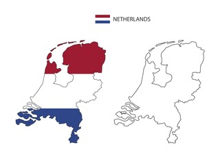 Netherlands map city vector divided by outline simplicity style. Have 2 versions, black thin line version and color of country flag version. Both map were on the white background.