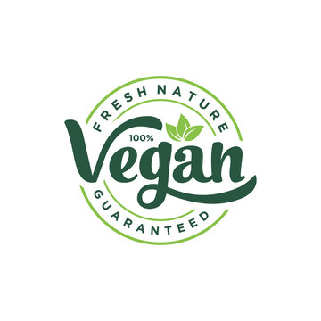 Hand drawn lettering 100% Vegan. Organic design template. Vector round eco, bio green logo or sign. Raw, healthy food badge, tag for cafe, restaurants, packaging.