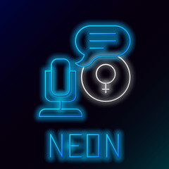 Glowing neon line Microphone icon isolated on black background. On air radio mic microphone. Speaker sign. Colorful outline concept. Vector